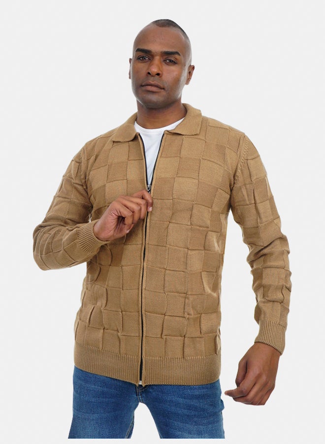 FIRE WOOD FireWood Zipper Knit Cardigan Long Sleeve Soft Knit Fabric For Men- Camel - Image 4
